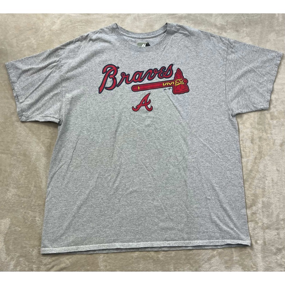 Majestic MLB Atlanta Braves T Shirt Mens 2XL Gray Tomahawk Graphic Short Sleeve